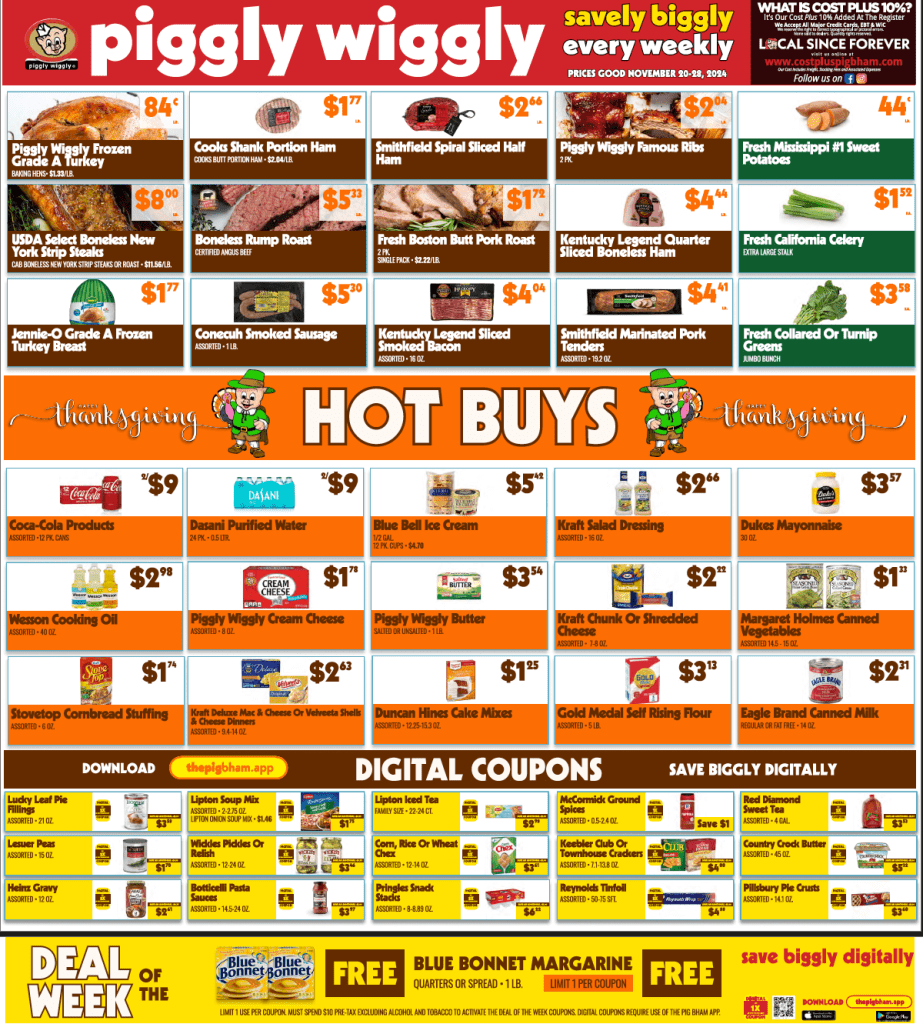 Piggly Wiggly weekly ad highlighting Thanksgiving savings on meats, seafood, fresh produce, and pantry essentials, valid November 15-28, 2024.